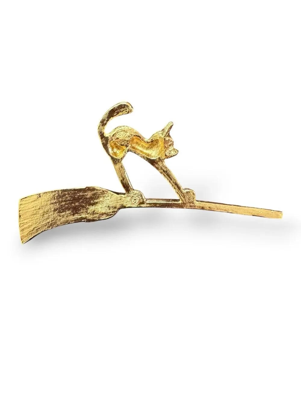 Vintage Avon Gold Cat on Broomstick Brooch Pin